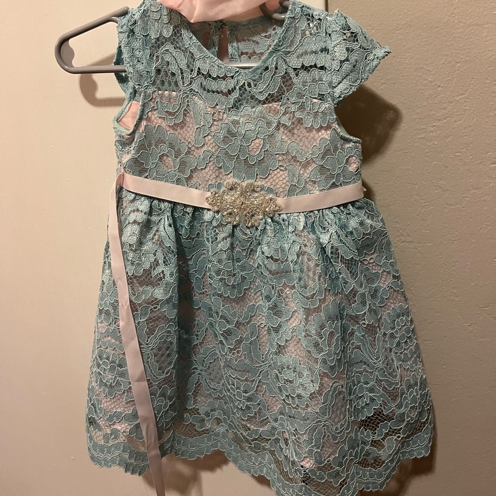 Lace baby blue and pink formal toddler dress